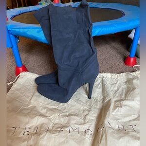 NEW NEVER WORN stella mccartney heeled boots navy blue 8.5 vegan leather suede